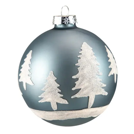 Northlight 4" Slate Blue with Glittered Trees Glass Ball Christmas Ornament {1}