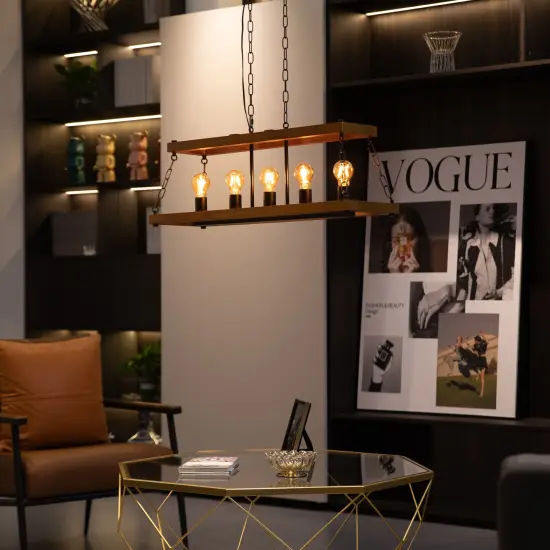 Vintage Industrial Style Wooden Rectangle 5 Bulb Ceiling Hanging Light Fixture, Brown Decorative Chandelier {6}