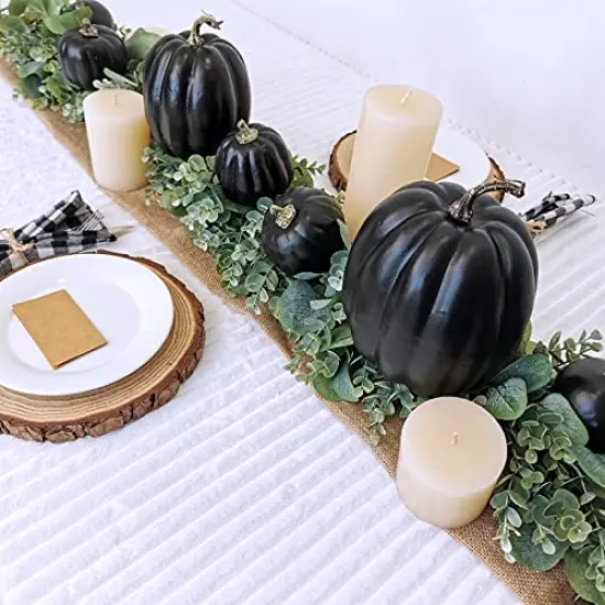 Winlyn 7 Pcs Assorted Artificial Black Pumpkins Halloween Pumpkins Faux Rustic Decorative Foam Pumpkins for Fall Halloween Thanksgiving Tabletop Centerpiece Mantel Kitchen Decor {2}