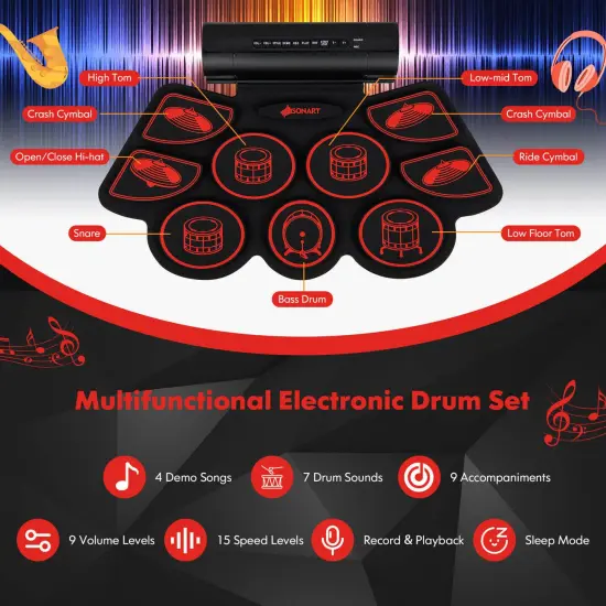 Electronic Drum Set with 2 Build-in Stereo Speakers for Kids Red {5}