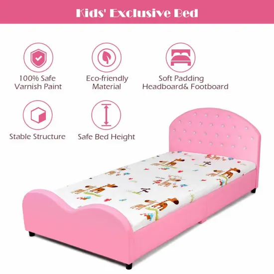 Kids Children PU Upholstered Platform Wooden Princess Bed {6}