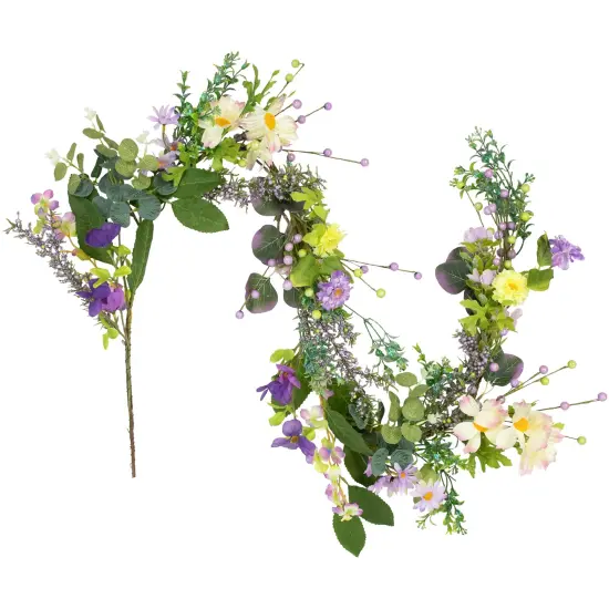 Northlight Daisy and Mixed Foliage Floral Spring Garland - 5' - Purple Green {1}
