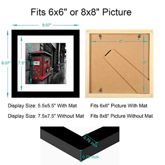 8x8 Picture Frames Black Display Picture Frame 6x6 Solid Wood with Mat Wooden Square Photo Frame for Wall Hanging or Table Top Home Decoration-8x8 Black {6}