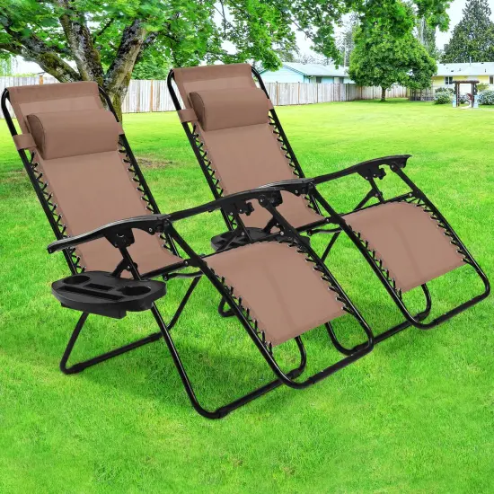 2 Pieces Folding Recliner Zero Gravity Lounge Chair Brown {2}