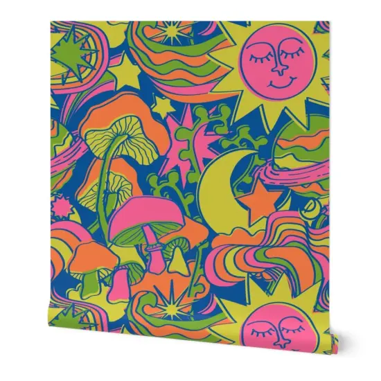 Peel & Stick Wallpaper 2FT Wide Neon Suns Blue Groovy Kitsch 70S 1970S Retro Whimsical Moon Stars Boho Colorful Hippie Custom Removable Wallpaper by Spoonflower {7}