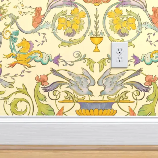 Pre-Pasted Wallpaper 2FT Wide Multicolor Baroque Renaissance Floral Fresco Botanical Birds Victorian Large Scale Water Color Horses. Italian Custom Pre-pasted Wallpaper by Spoonflower {4}