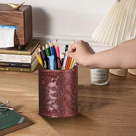 Pen Holder for Desk Cute, Desk Organizers and Workspace Accessories Storage, Pencil Holder Cup for Makeup Brush/Art Supplies/Stationery, Decorative Aesthetic Office Organization, PU Leather {3}