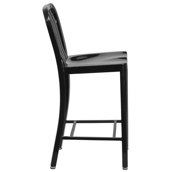 Merrick Lane Santorini Galvanized Steel Indoor/Outdoor Counter Bar Stool With Slatted Back And Powder Coated Finish Black {5}