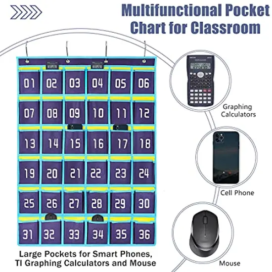 Numbered Classroom Sundries Closet Pocket Chart for Cell Phones Holder Wall Door Hanging Organizer (36 Pockets Blue) {3}