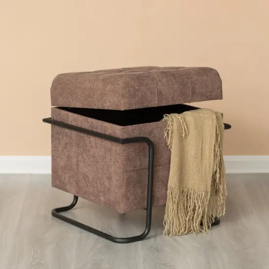Square Fabric Storage Ottoman with Black Metal Frame Brown {1}
