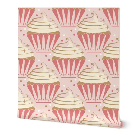 Peel & Stick Wallpaper 2FT Wide Large Scale Pink Cupcakes Atomic Birthday Party Retro Vintage Strawberry Celebration Vanilla Yellow Mid Century Stars Cosmic Cake Desserts Custom Removable Wallpaper by Spoonflower {7}