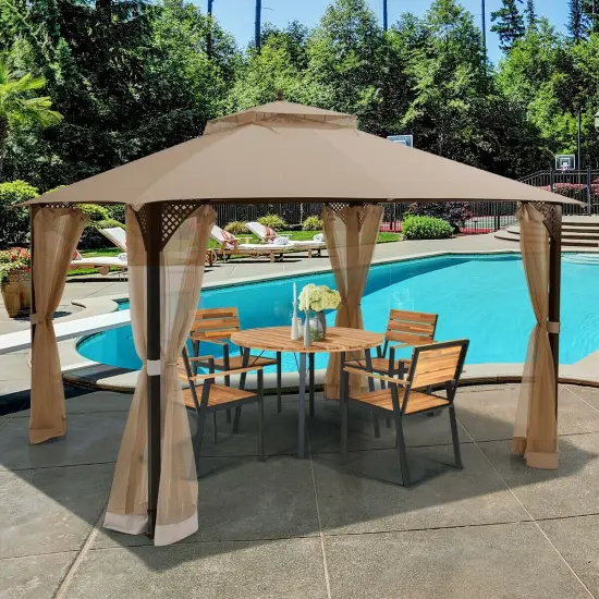 12 x 10 Feet Outdoor Double Top Patio Gazebo with Netting Beige {7}