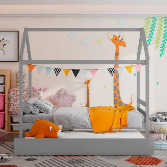 Wood Twin House Platform Bed Frame with Trundle, Sturdy Grey {6}