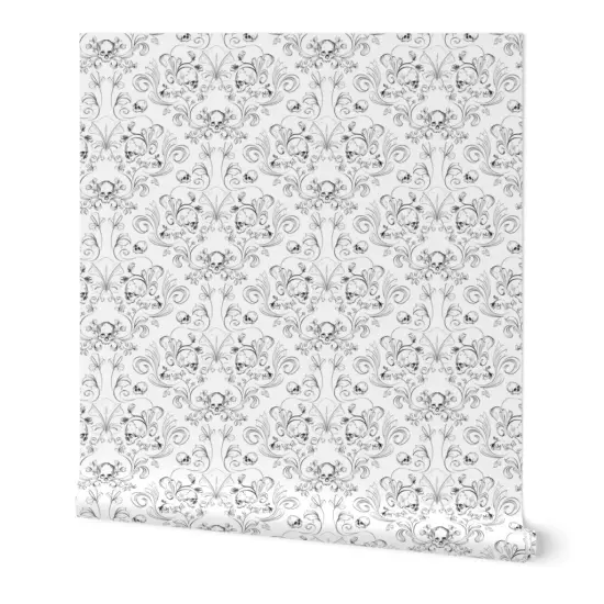 Peel & Stick Wallpaper 2FT Wide Skull Damask Textile Design Fabric Artistic Halloween Custom Removable Wallpaper by Spoonflower {7}