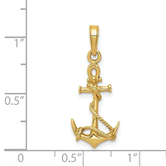 14K Gold 3D Anchor & Rope Charm Ship Sailing Pendant 25 X 11mm Jewerly {2}