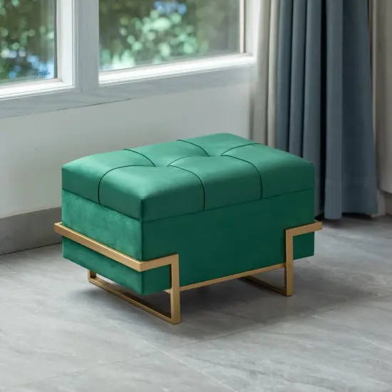 Rectangle Velvet Storage Ottoman Stool Box with Abstract Golden Legs | Decorative Sitting Bench for Living Room Home Decor with Unique Base Support Green Small {5}