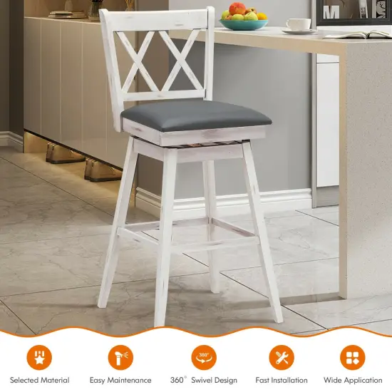 2 Pieces 29 Inches Swivel Counter Height Barstool Set with Rubber Wood Legs White {3}