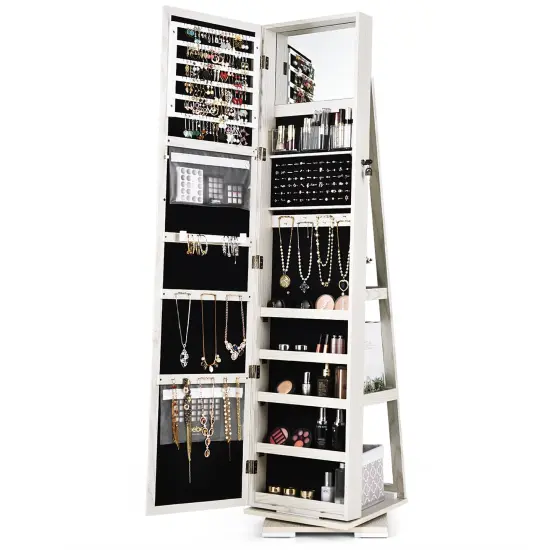 360&deg; Rotatable Armoire 2-in-1 Lockable Mirrored Jewelry Cabinet White {4}