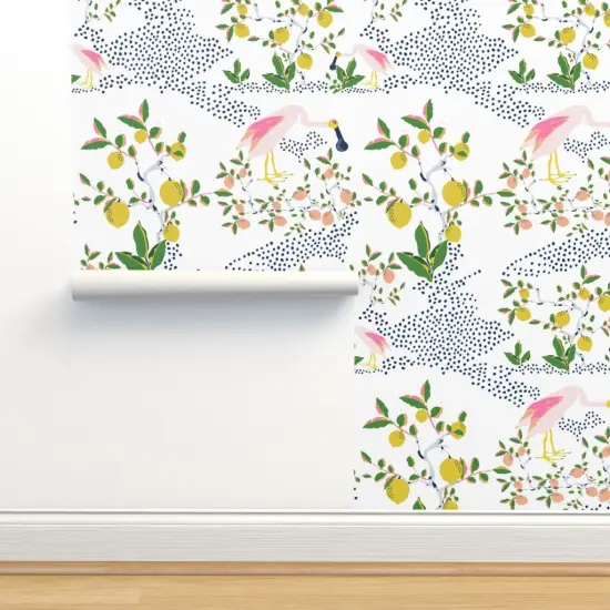 Peel & Stick Wallpaper 2FT Wide Tropical Exotic Birds Whimsical Nature Spoonbill Lemon Dots Coastal Custom Removable Wallpaper by Spoonflower {2}