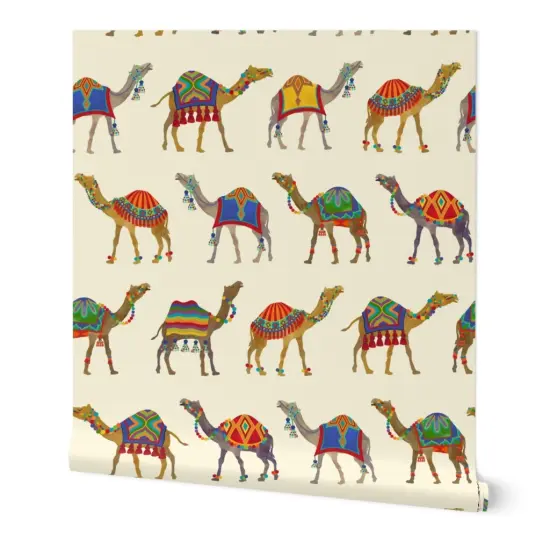 Peel & Stick Wallpaper 2FT Wide Exotic Desert Animal Camel Pom Poms Tassels Whimsical Maximalist Colorful Custom Removable Wallpaper by Spoonflower {7}