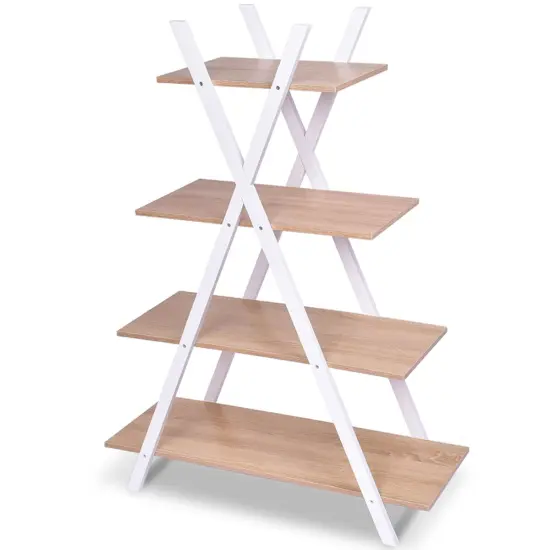 Costway 4-Tier Bookshelf Storage Display Shelves Bookcase Ladder X-Shape {6}