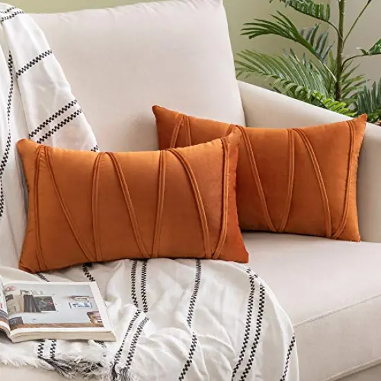 Woaboy Pack of 2 Fall Striped Velvet Throw Pillow Covers Orange Modern Decorative Couch Throws Square Soft Cozy Pillowcases for Bed Sofa Cushion Living Room 12x20 Inch {1}