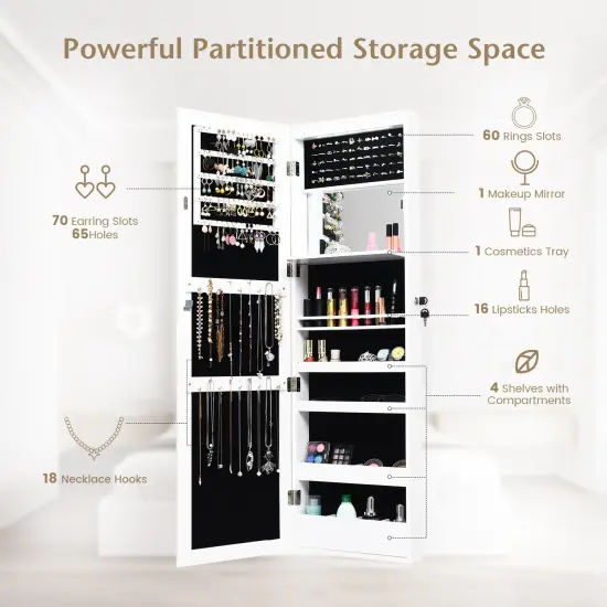Lockable Wall Door Mounted Mirror Jewelry Cabinet with LED Lights White {5}