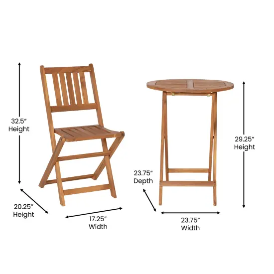 Merrick Lane Stora Three Piece Solid Acacia Wood Folding Patio Bistro Set with Lightweight Round Table and Two Chairs Natural {5}