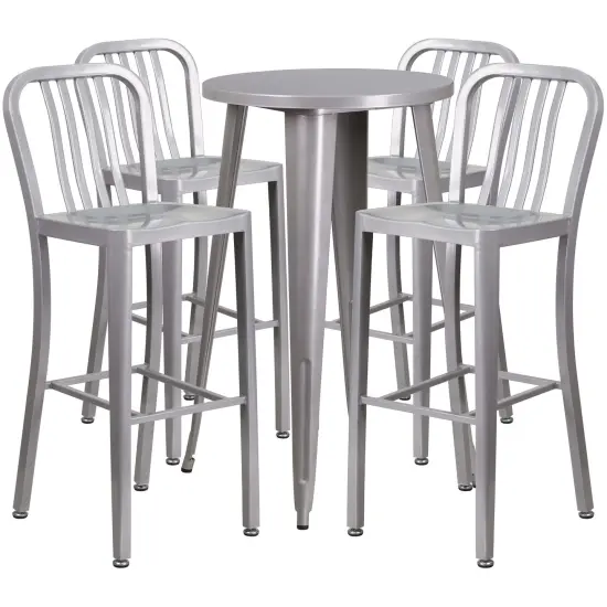 Merrick Lane Evelyne Outdoor Dining Set with 24" Round Table and Slatted Back Bar Stools with Footrests White {4}