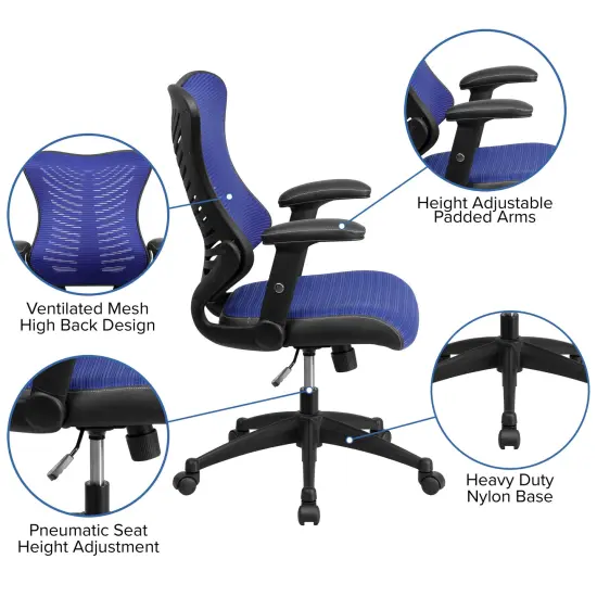 Emma and Oliver High Back Designer Mesh Executive Ergonomic Office Chair w/ Adjustable Arms Blue Mesh {2}