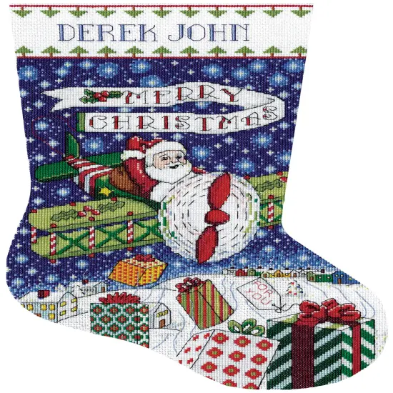Design Works Counted Cross Stitch Stocking Kit 17" Long-Airplane Santa {3}