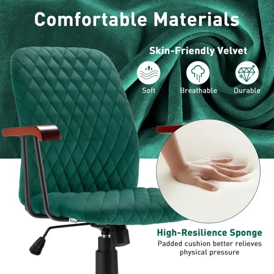 Velvet Home Office Chair with Wooden Armrest Green {3}