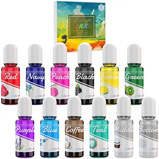 Alcohol Ink Set - 12 Vibrant Colors Alcohol-Based Ink for Epoxy Resin Art, Resin Petri Dish Making - Concentrated Alcohol Paint Color Dye for Resin Painting, Tumbler, Coaster, Yupo - 10ml/.35oz Each {1}