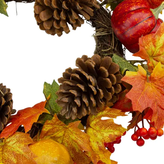 Northlight Leaves, Pine Cones and Pumpkins Artificial Fall Harvest Wreath - 20-Inch, Unlit Orange {5}