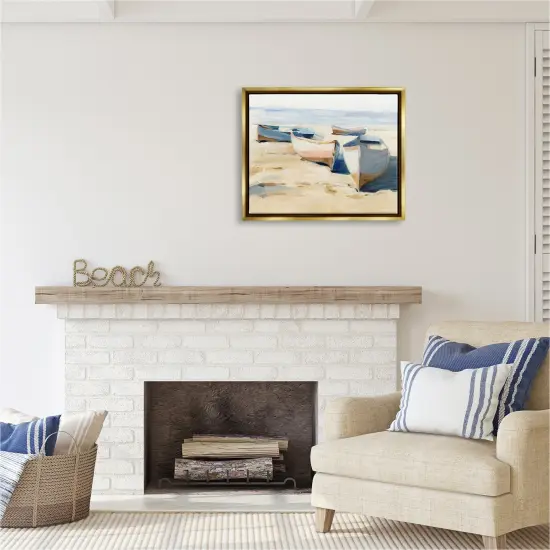 Stupell Industries Boats on Beach Painting Framed Floater Canvas Wall Art Gold Floater Frame {2}