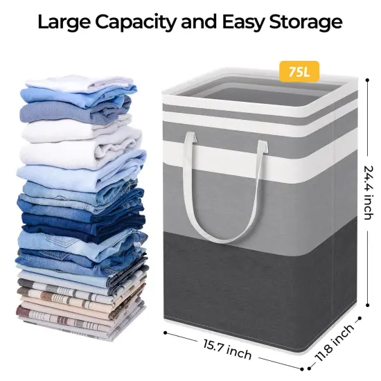 HomeHacks 2-Pack Large Laundry Basket, Waterproof, Freestanding Laundry Hamper, Collapsible Tall Clothes Hamper with Extended Handles for Clothes Toys in the Dorm and Family-(Gradient Grey, 75L) {4}