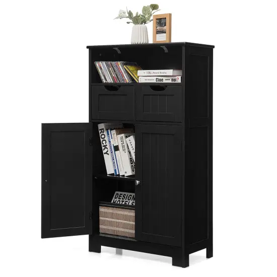 Bathroom Wooden Side Cabinet with 2 Drawers and 2 Doors Black {4}