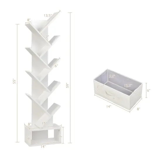 10-tier Tree Bookshelf with Drawer Free-standing Storage Bookcase White {5}