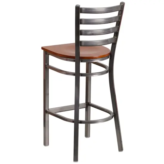 Emma and Oliver 2 Pack Clear Coated Ladder Back Metal Restaurant Barstool WalnutWood/ClearCoat {12}