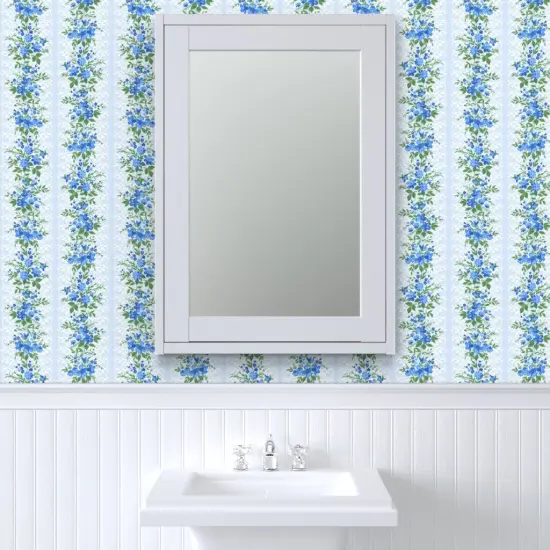 Peel & Stick Wallpaper 2FT Wide Farmhouse Floral Shabby Chic Blue Cottage Core Romantic Vertical Stripe Small Scale Custom Removable Wallpaper by Spoonflower {6}