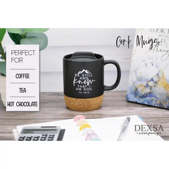 Dexsa Be Still Designer Cork Bottom Mug with Lid - 14 oz {2}