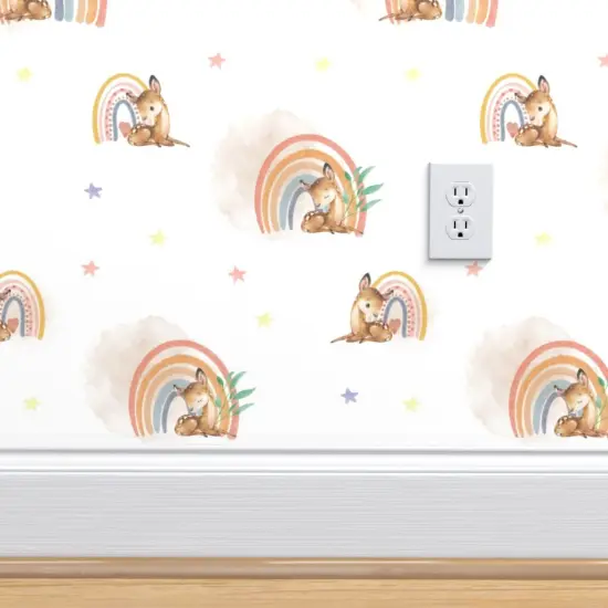 Peel & Stick Wallpaper 2FT Wide Woodland Baby Cute Fawn Watercolor Rainbow Kids Forest Deer Animals Custom Removable Wallpaper by Spoonflower {4}