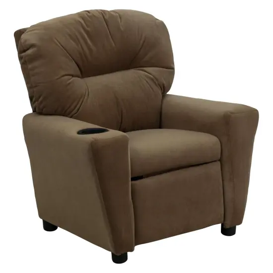 Emma and Oliver Contemporary Kids Recliner with Cup Holder Brown Microfiber {1}