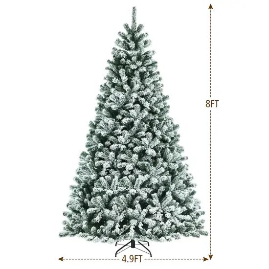 Costway 8ft Pre-lit Snow Flocked Hinged Christmas Tree w/1502 Tips & Metal Stand {4}