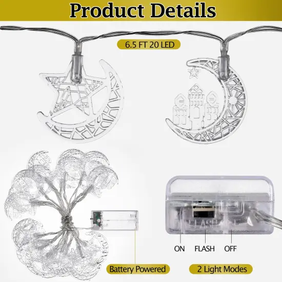 2 Modes Eid Mubarak String Light Decor Battery Powered, Warm White Islamic Decor for Bedroom Wall Window Home Indoor Outdoor Party (6.5 ft 20 LEDs) {4}