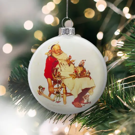 Northlight Norman Rockwell 'Santa and His Helpers' Glass Disc Christmas Ornament - 3" White {3}