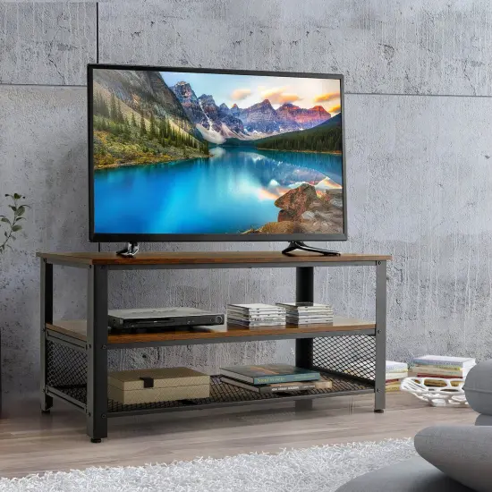 3-Tier Industrial Entertainment TV Stand with Metal Mesh Shelf {6}
