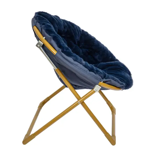 Emma and Oliver Io Kid's Folding Saucer Chair with Cozy Faux Fur Upholstery and Metal Frame for Playroom, Bedrooms, Nursery and More NavyFauxFur/SoftGold {5}