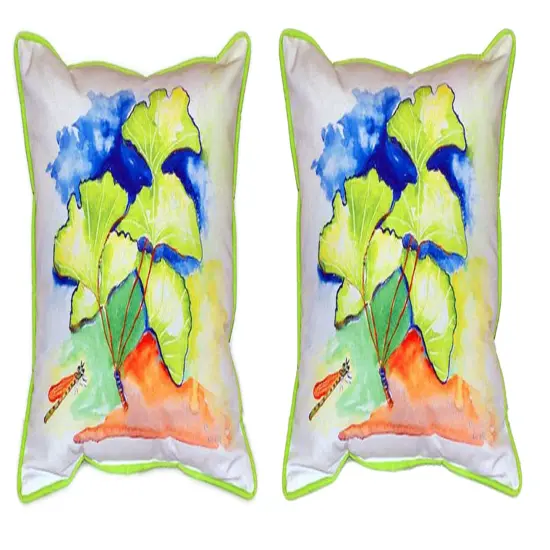 Pair of Betsy Drake Gingko Leaves Large Indoor/Outdoor Pillows 18 Inch x 18 Inch {1}