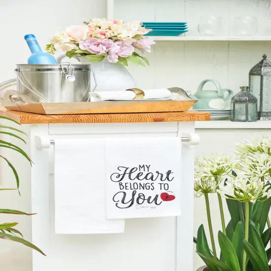 Valentine's Day "Heart Belongs To You" Embroidered Waffle Weave Kitchen Dishtowel {5}